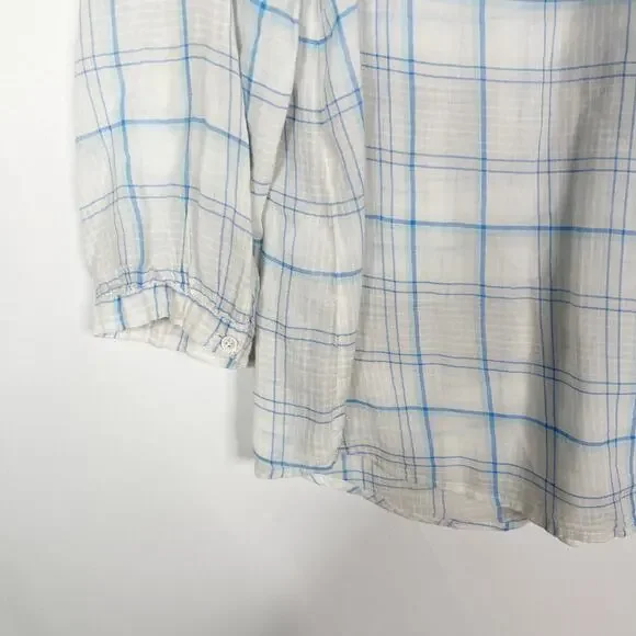 Joie S Ivory Blue Selima Plaid 3/4 Sleeve Blouse Top Split VNeck Button Cotton - Picture 6 of 11